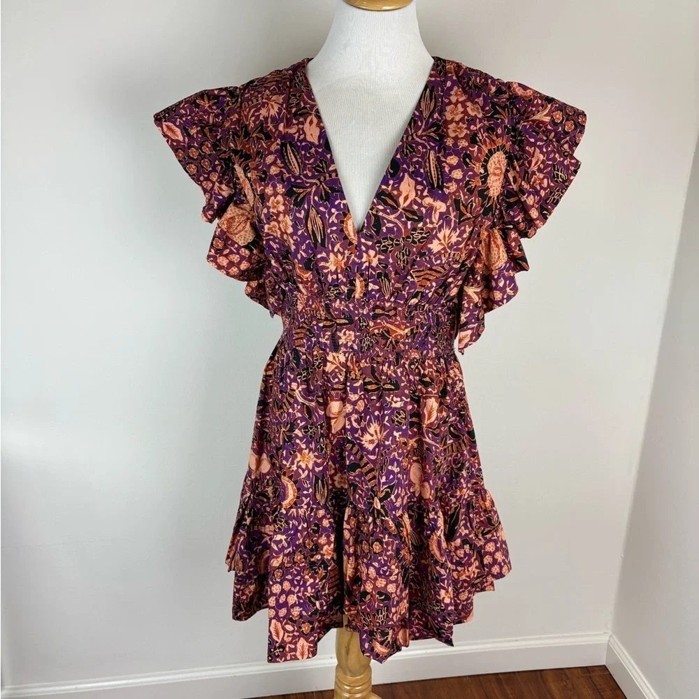 ULLA JOHNSON Kiri Dress Floral Print Ruffle Dress 100% Cotton Orange Size 10